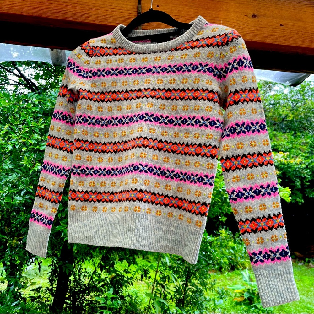 J Crew 100% Lambs Wool Printed Sweater XXS Blue Pink